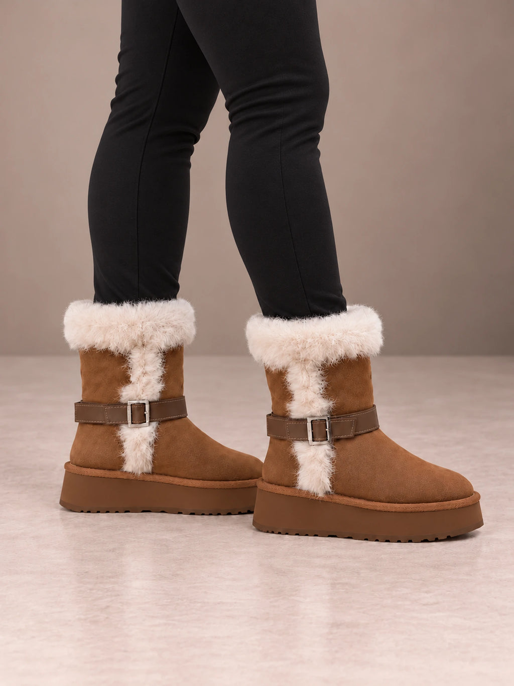 Women's Buckle Fur Trim Boots – Platform Ankle Winter Boots in Camel, side view