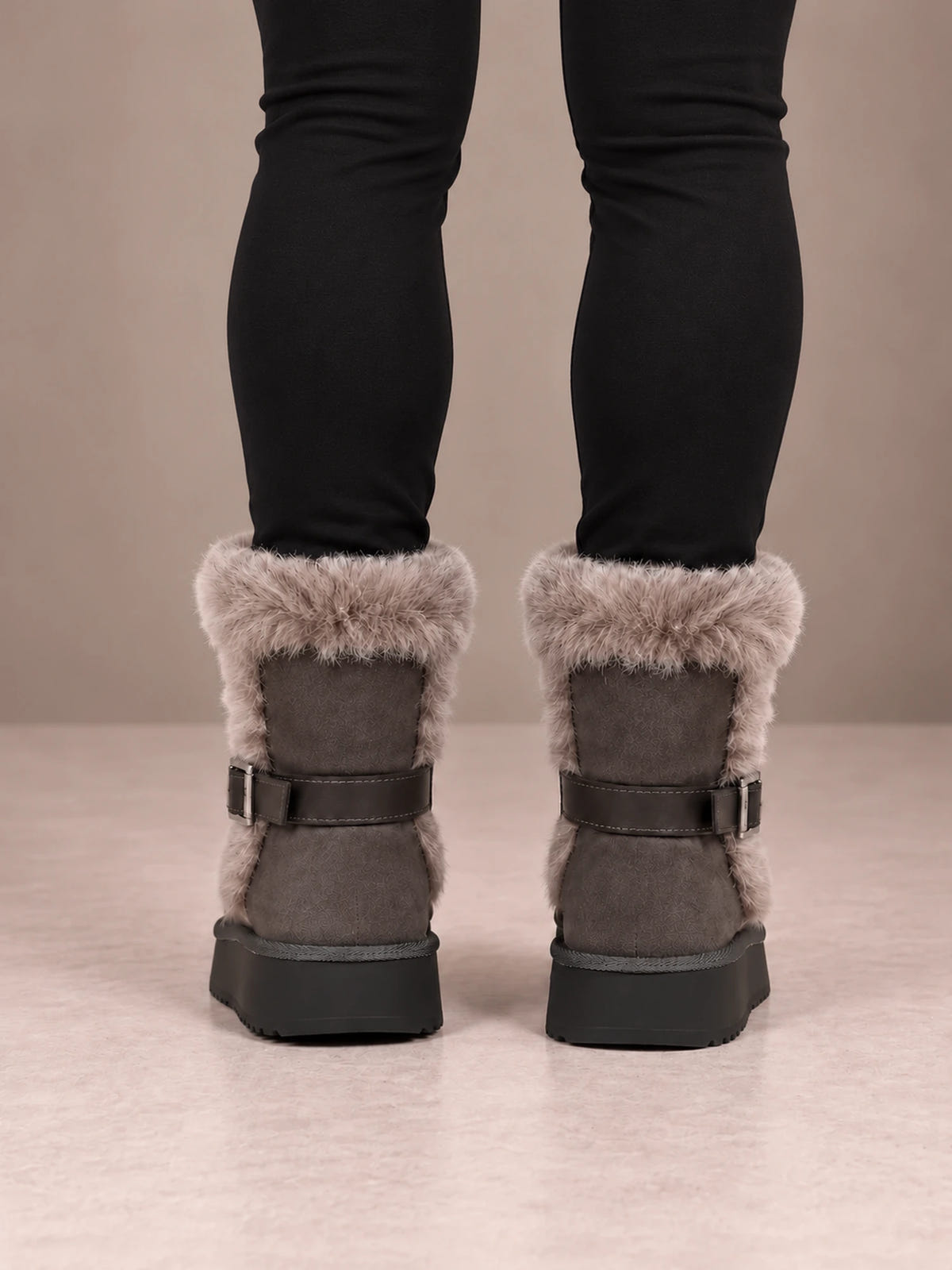 Women's Buckle Fur Trim Boots – Platform Ankle Winter Boots in Gray, back view
