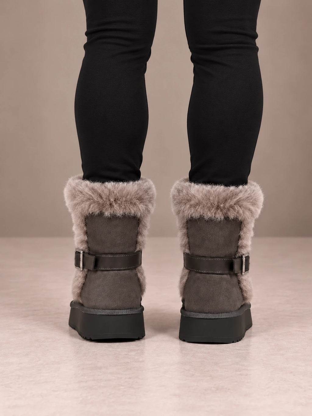 Women's Buckle Fur Trim Boots – Platform Ankle Winter Boots in Gray, back view