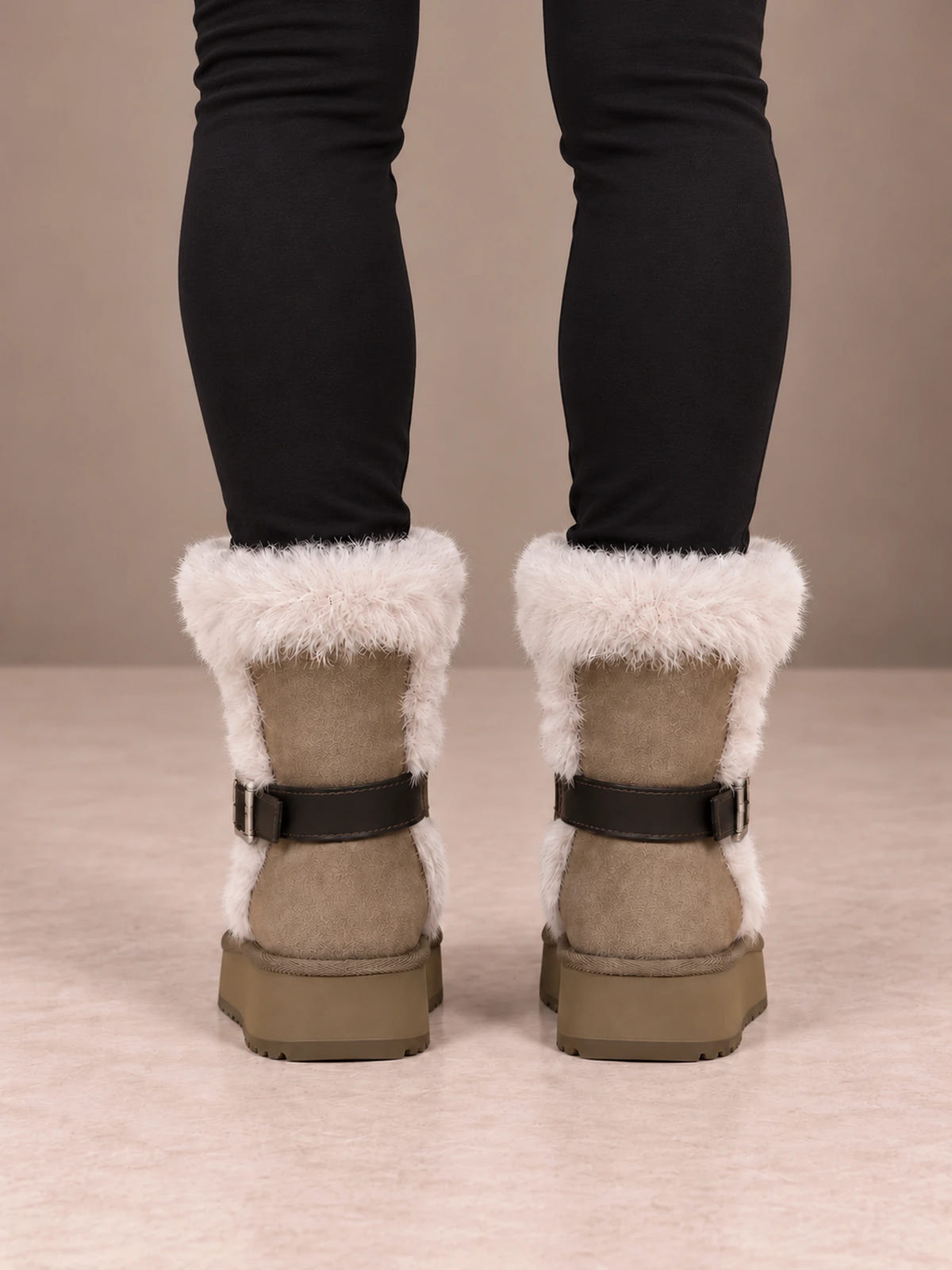 Women's Buckle Fur Trim Boots – Platform Ankle Winter Boots in Taupe, back view