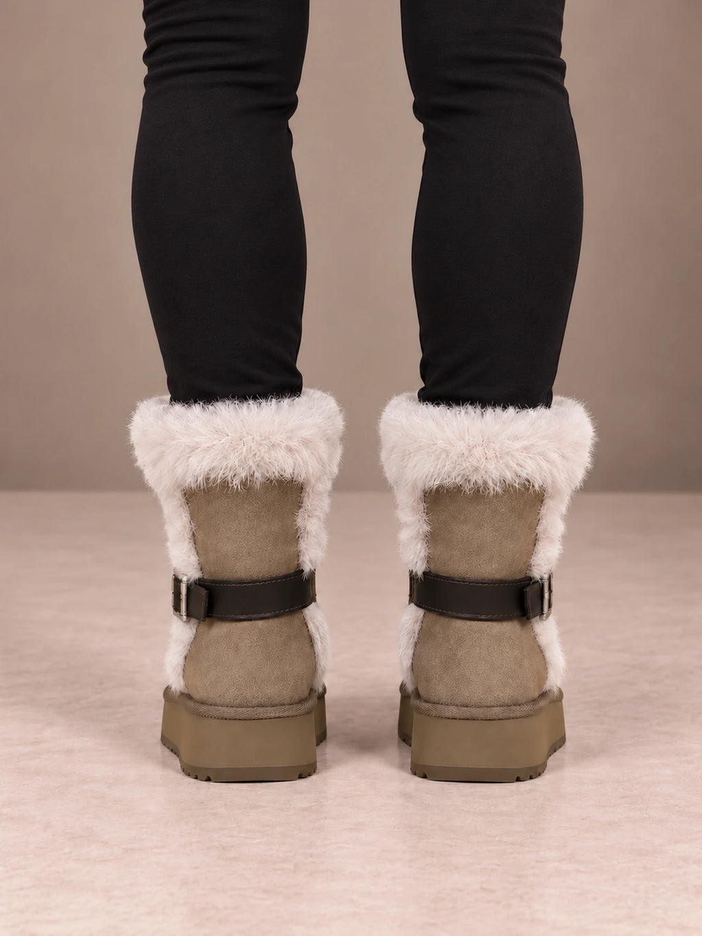 Women's Buckle Fur Trim Boots – Platform Ankle Winter Boots in Taupe, back view