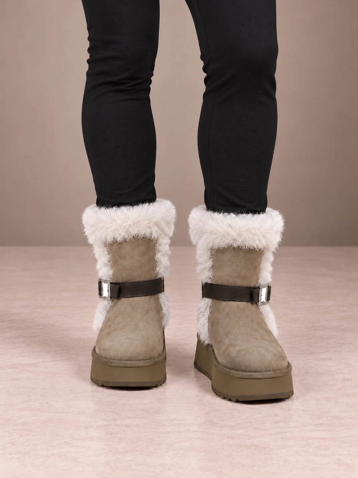 Women's Buckle Fur Trim Boots – Platform Ankle Winter Boots in Taupe, front view