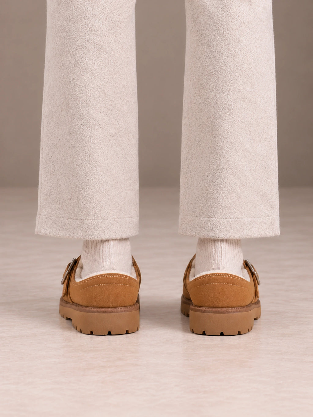 Women's Fleece-Lined Clogs – Buckle Strap Faux Suede Platform in Tan, back view