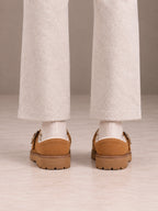 Women's Fleece-Lined Clogs – Buckle Strap Faux Suede Platform in Tan, back view