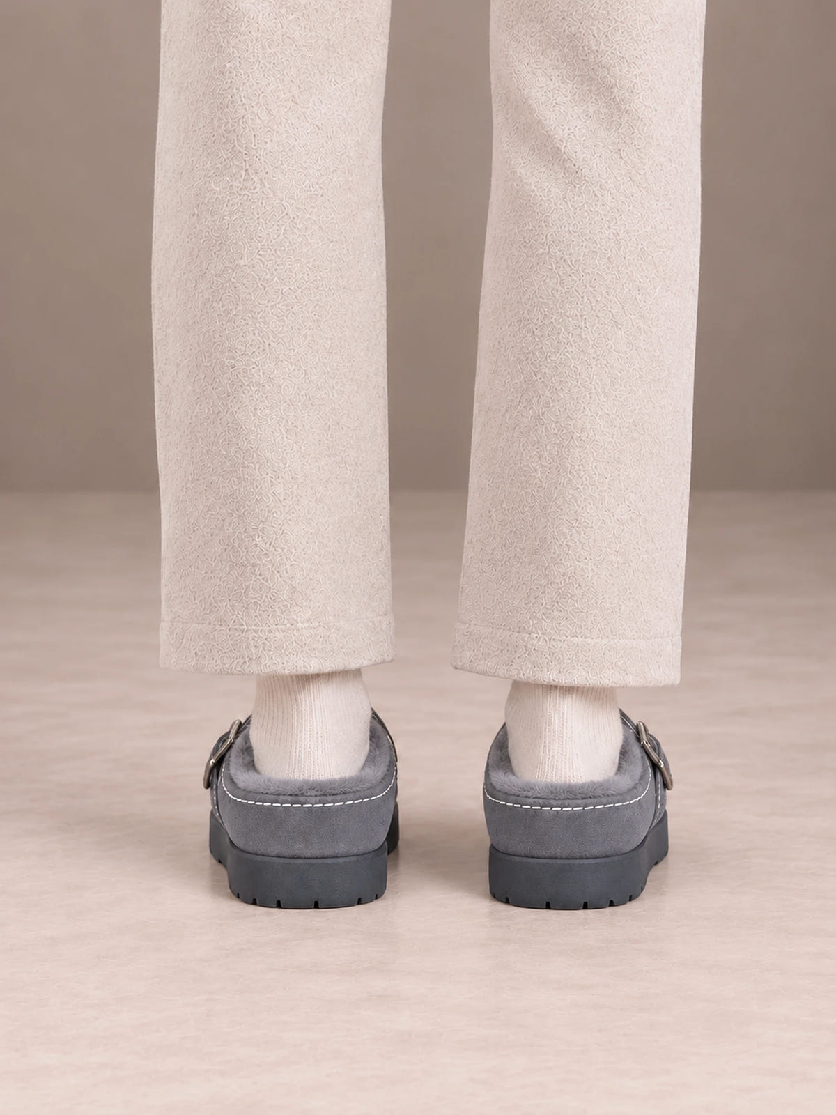Women's Fleece-Lined Clogs – Buckle Strap Faux Suede Platform in Gray, back view