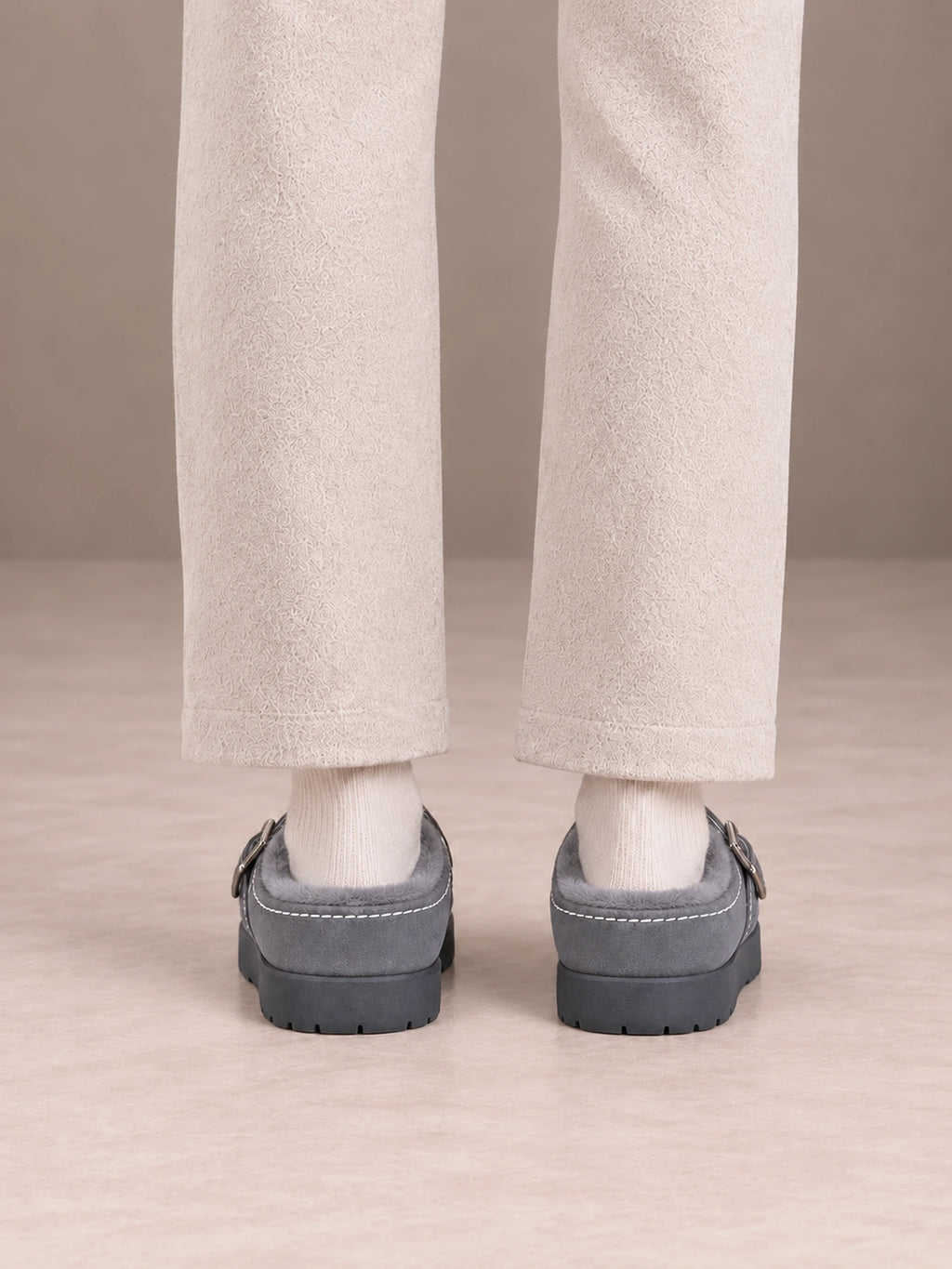 Women's Fleece-Lined Clogs – Buckle Strap Faux Suede Platform in Gray, back view