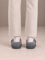 Women's Fleece-Lined Clogs – Buckle Strap Faux Suede Platform in Gray, back view