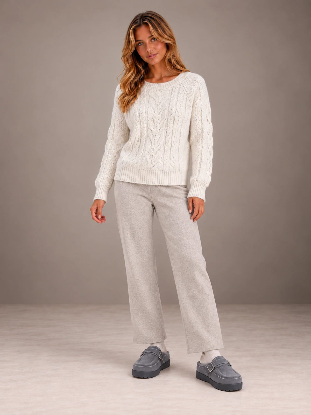 Women's Fleece-Lined Clogs – Buckle Strap Faux Suede Platform in Gray, on model view