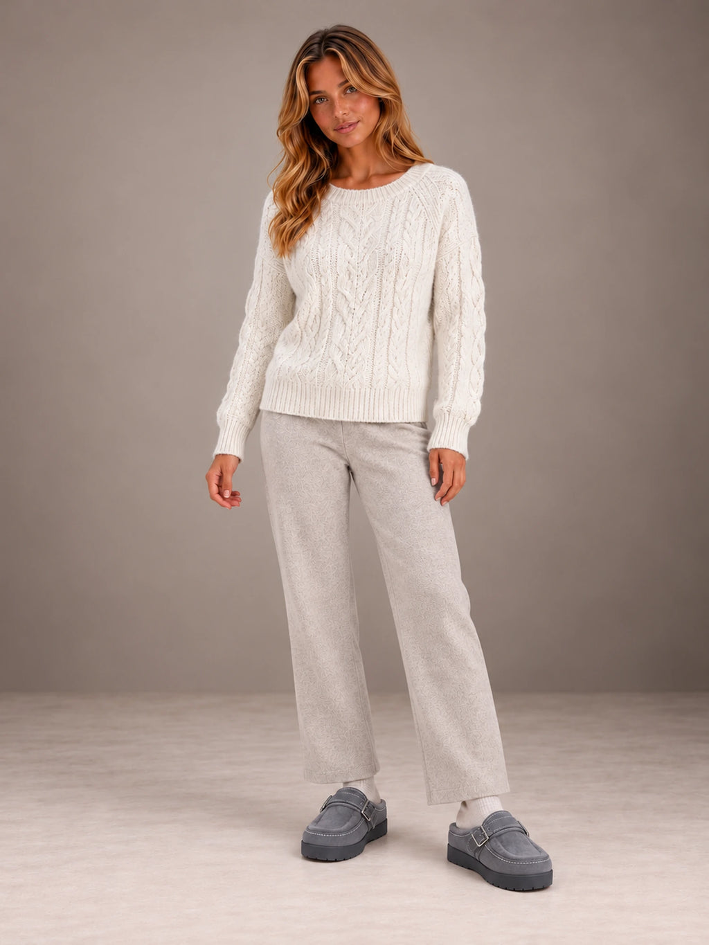 Women's Fleece-Lined Clogs – Buckle Strap Faux Suede Platform in Gray, on model view