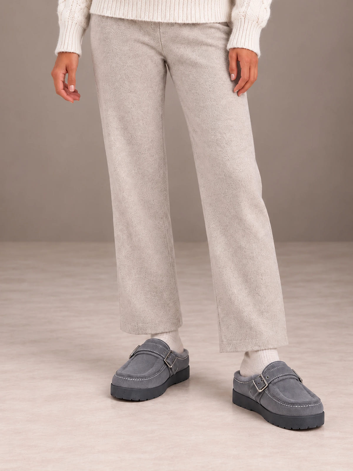 Women's Fleece-Lined Clogs – Buckle Strap Faux Suede Platform in Gray, front view