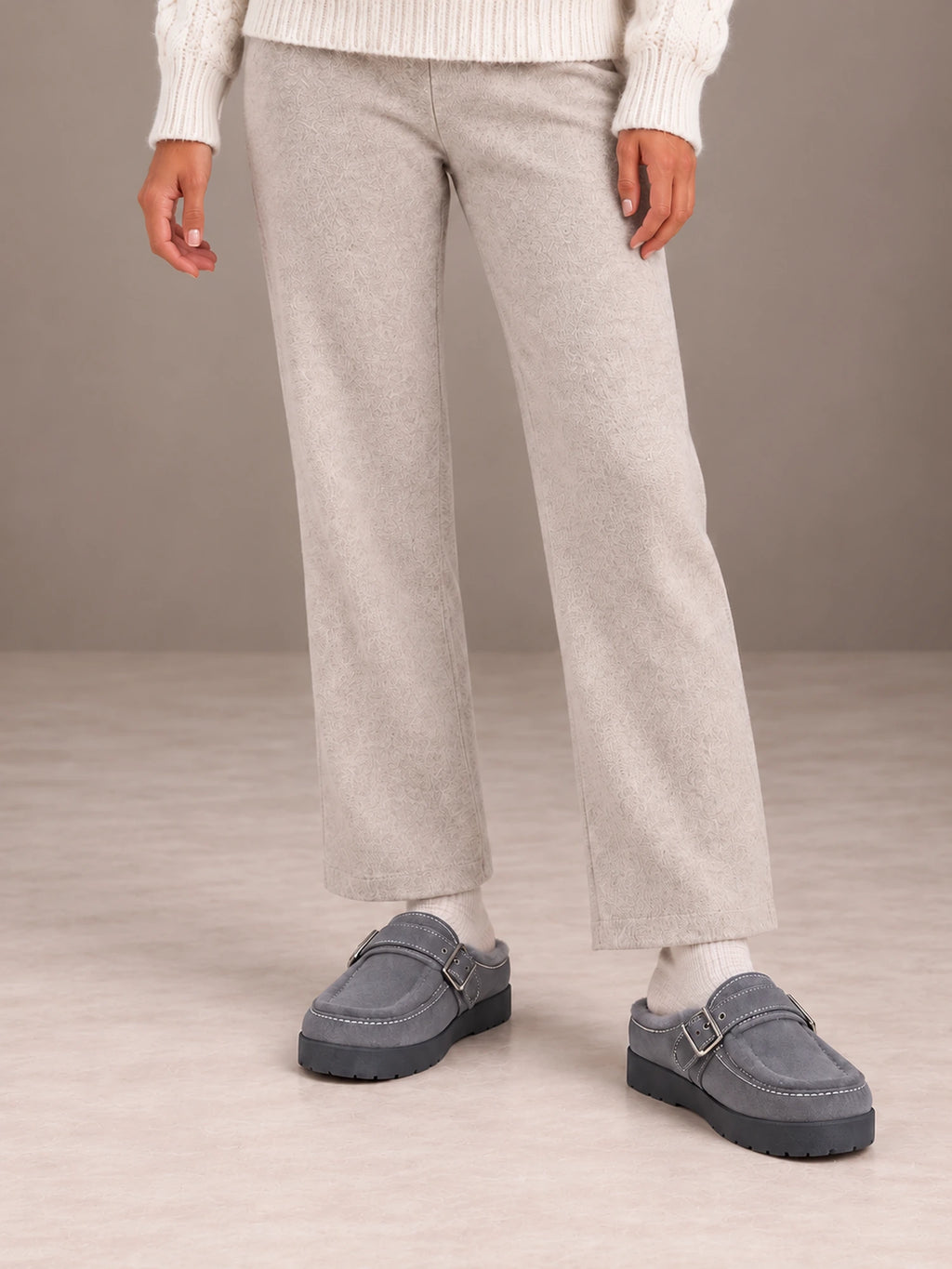 Women's Fleece-Lined Clogs – Buckle Strap Faux Suede Platform in Gray, front view