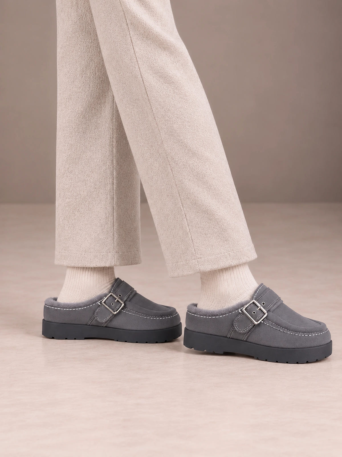Women's Fleece-Lined Clogs – Buckle Strap Faux Suede Platform in Gray, side view