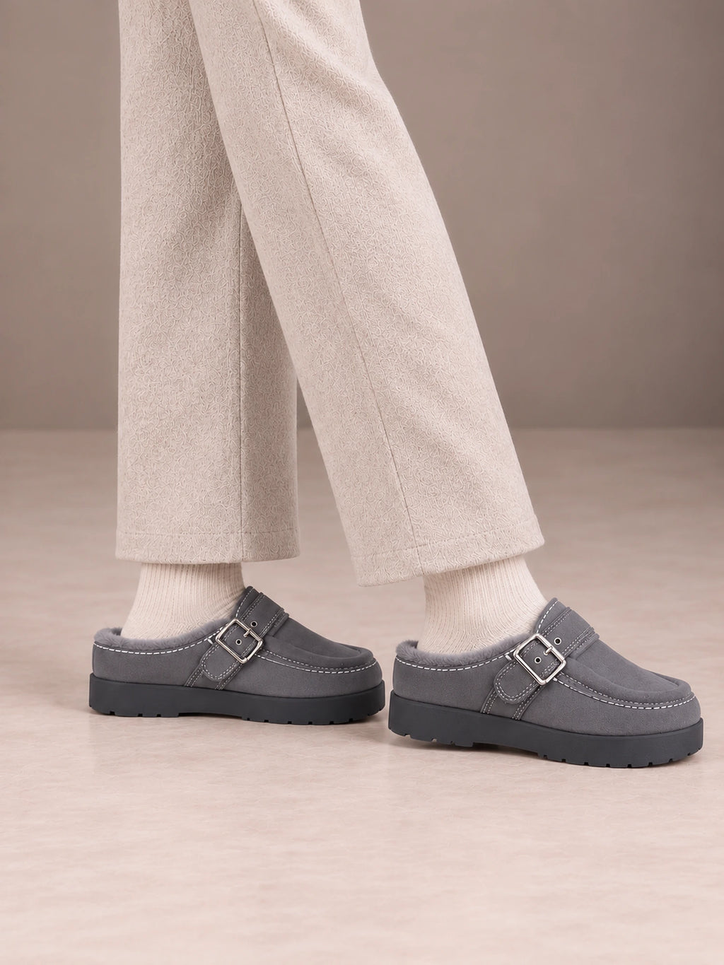 Women's Fleece-Lined Clogs – Buckle Strap Faux Suede Platform in Gray, side view