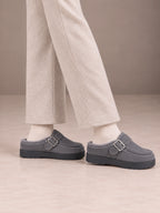 Women's Fleece-Lined Clogs – Buckle Strap Faux Suede Platform in Gray, side view