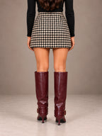 Women's Gold Buckle Kitten Heel Boots – Knee-High Faux Leather in Burgundy, back view