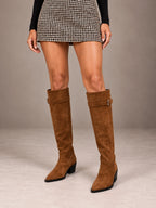 Women's Tan Buckle Strap Boots – Almond Toe Knee-High Low Heel in Tan, front view
