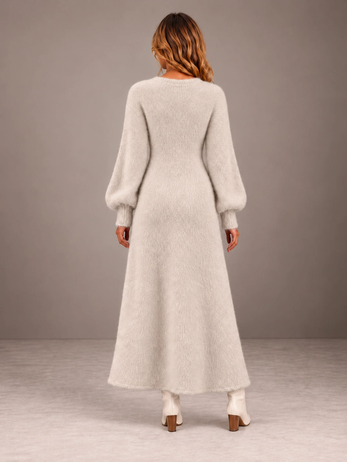 Women's Wrap Knit Maxi Dress – Button Detail Side Slit V-Neck in Oatmeal, back view