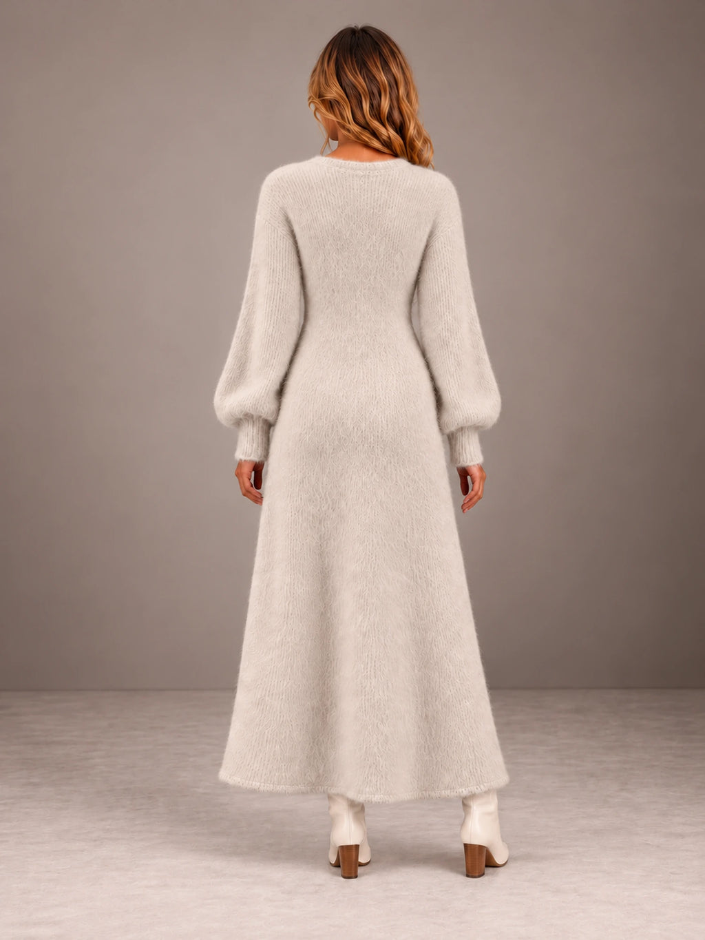 Women's Wrap Knit Maxi Dress – Button Detail Side Slit V-Neck in Oatmeal, back view