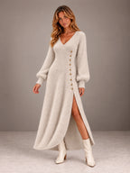 Women's Wrap Knit Maxi Dress – Button Detail Side Slit V-Neck in Oatmeal, on model view
