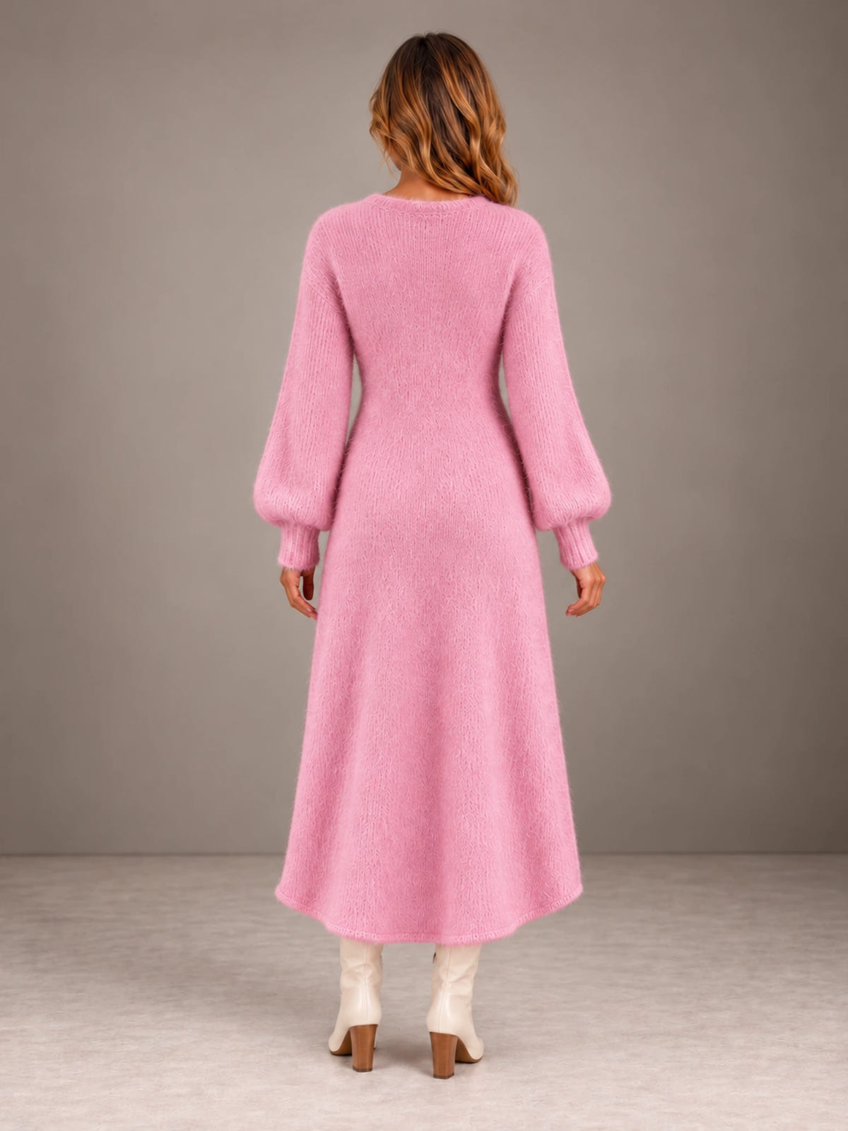 Women's Wrap Knit Maxi Dress – Button Detail Side Slit V-Neck in Pink, back view