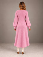 Women's Wrap Knit Maxi Dress – Button Detail Side Slit V-Neck in Pink, back view