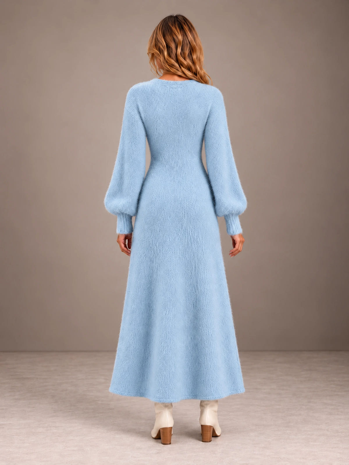 Women's Wrap Knit Maxi Dress – Button Detail Side Slit V-Neck in Powder Blue, back view