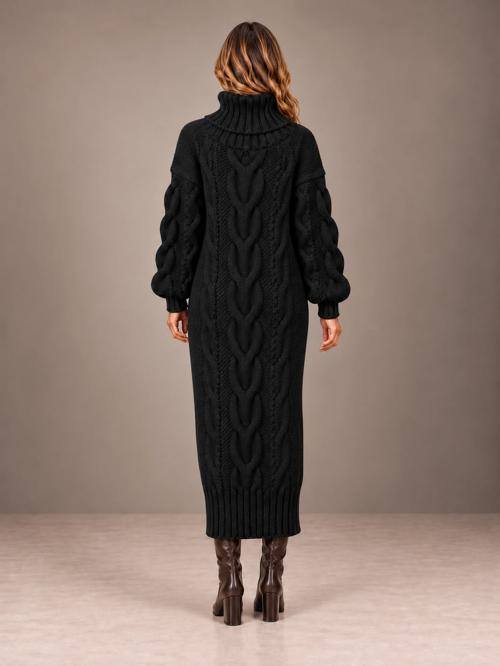 Women's Chunky Cable Midi Dress – Turtleneck Knit Sweater Dress in Black, back view
