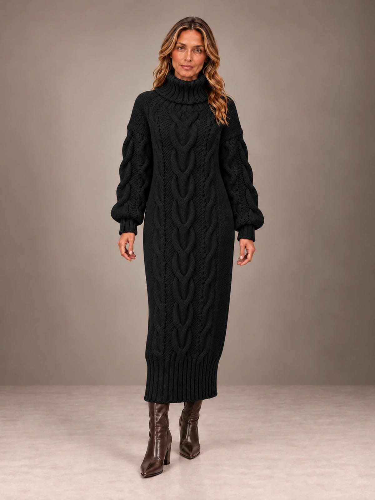 Women's Chunky Cable Midi Dress – Turtleneck Knit Sweater Dress in Black, front view