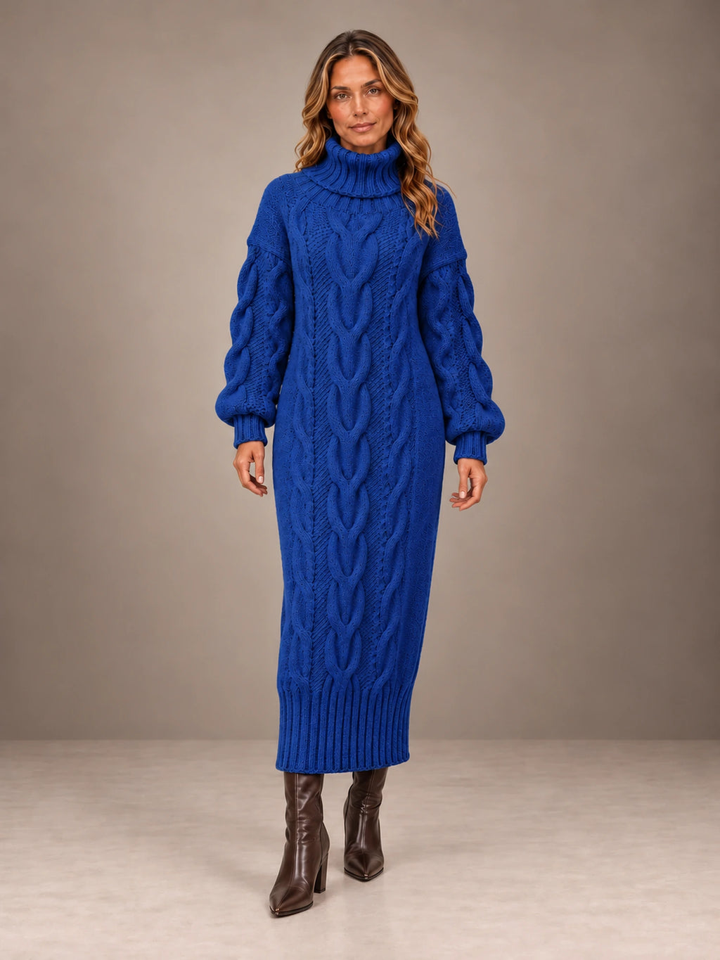 Women's Chunky Cable Midi Dress – Turtleneck Knit Sweater Dress in Royal Blue, front view