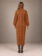 Women's Chunky Cable Midi Dress – Turtleneck Knit Sweater Dress in Rust, back view