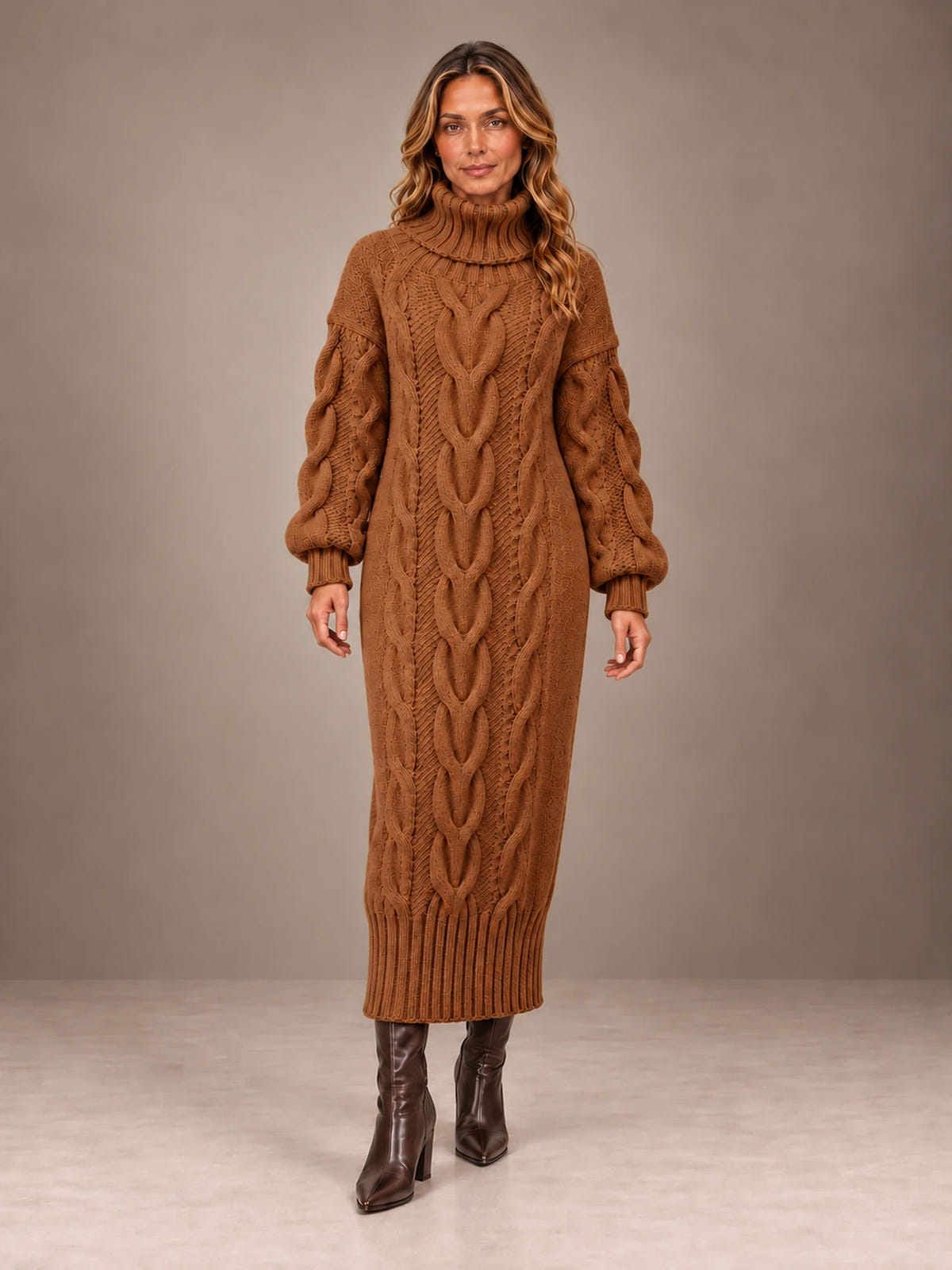 Women's Chunky Cable Midi Dress – Turtleneck Knit Sweater Dress in Rust, front view