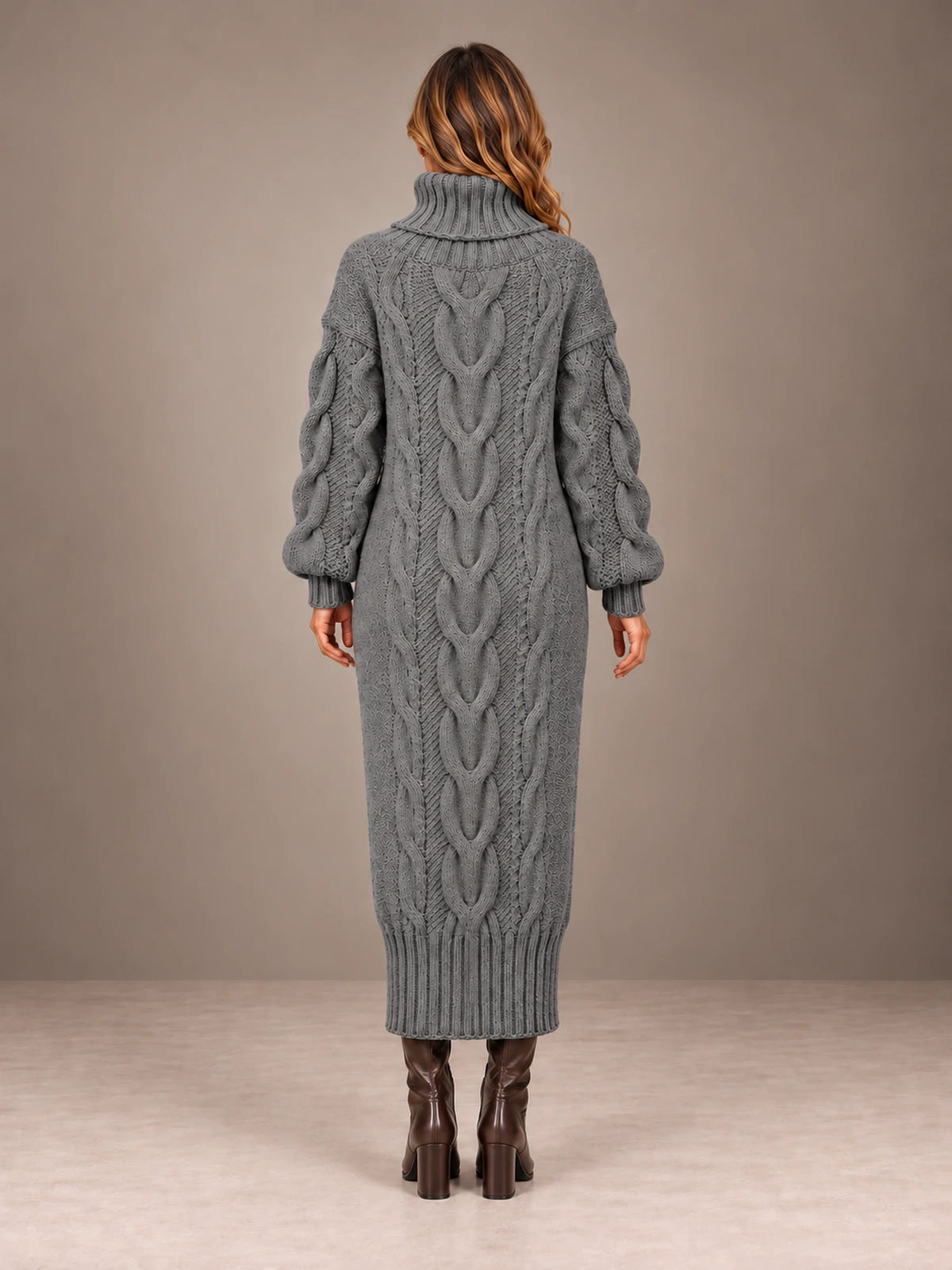 Women's Chunky Cable Midi Dress – Turtleneck Knit Sweater Dress in Gray, back view