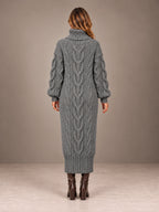 Women's Chunky Cable Midi Dress – Turtleneck Knit Sweater Dress in Gray, back view