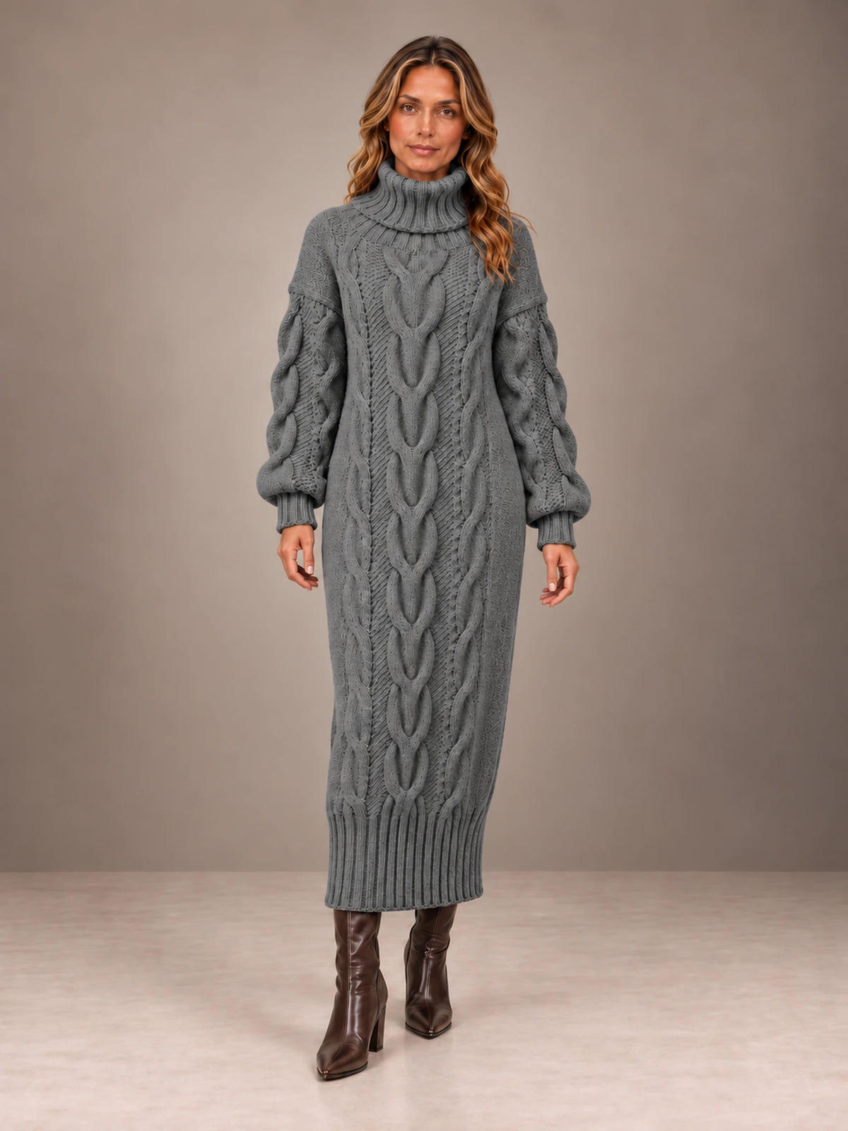 Women's Chunky Cable Midi Dress – Turtleneck Knit Sweater Dress in Gray, front view