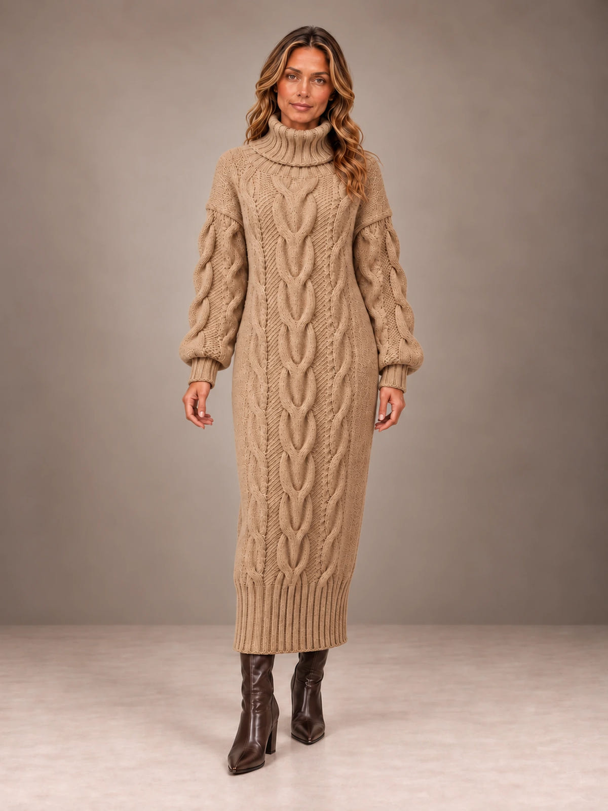 Women's Chunky Cable Midi Dress – Turtleneck Knit Sweater Dress in Camel, front view