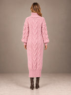 Women's Chunky Cable Midi Dress – Turtleneck Knit Sweater Dress in Pink, back view