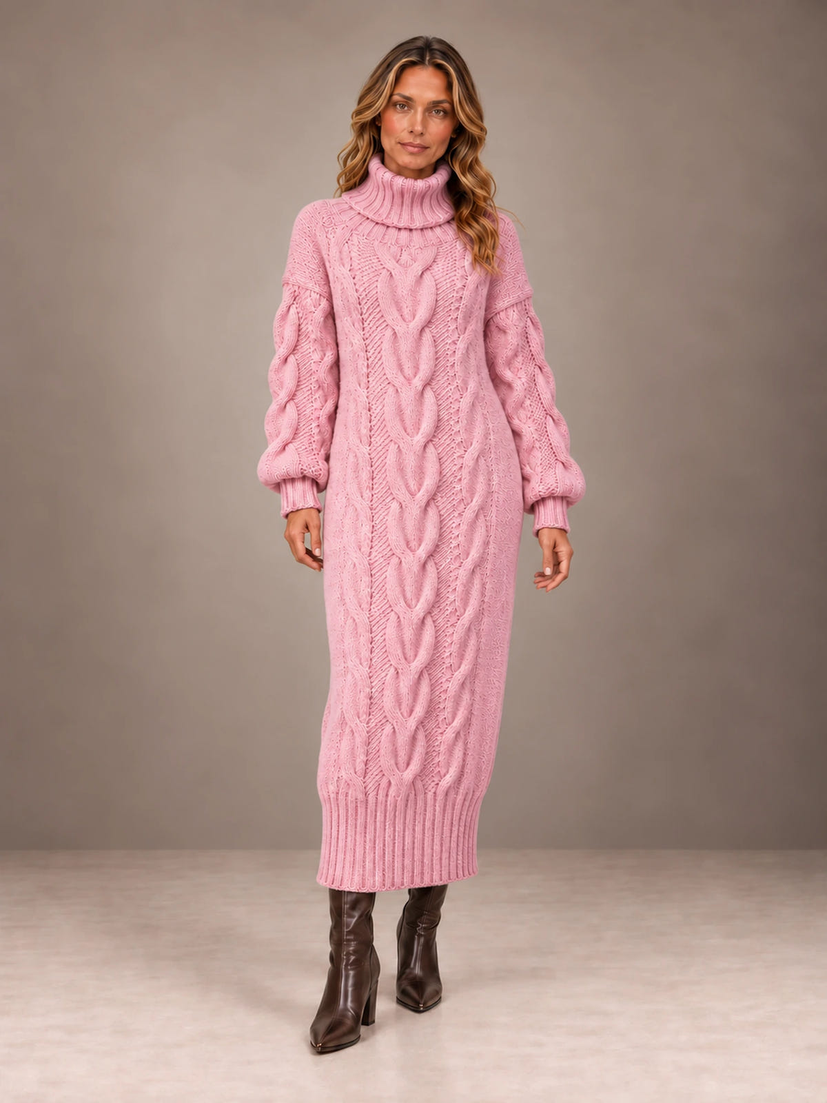Women's Chunky Cable Midi Dress – Turtleneck Knit Sweater Dress in Pink, front view
