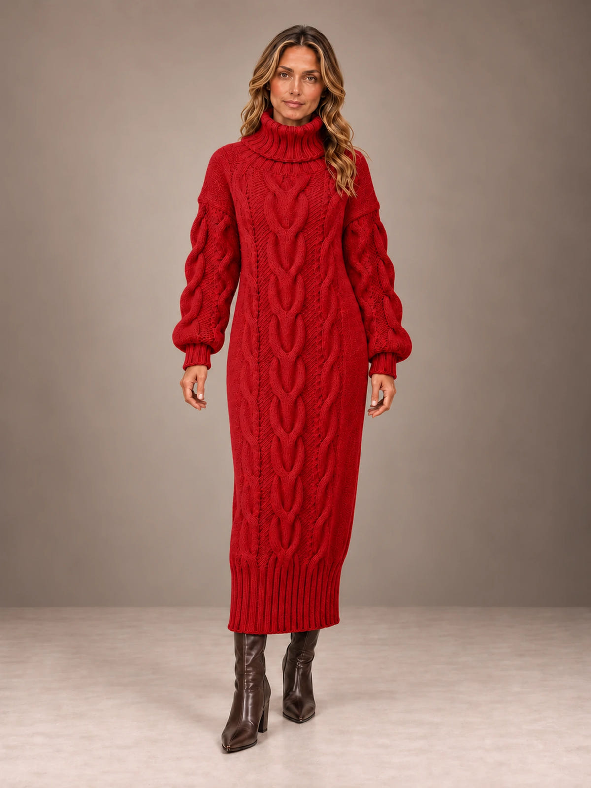 Women's Chunky Cable Midi Dress – Turtleneck Knit Sweater Dress in Red, front view