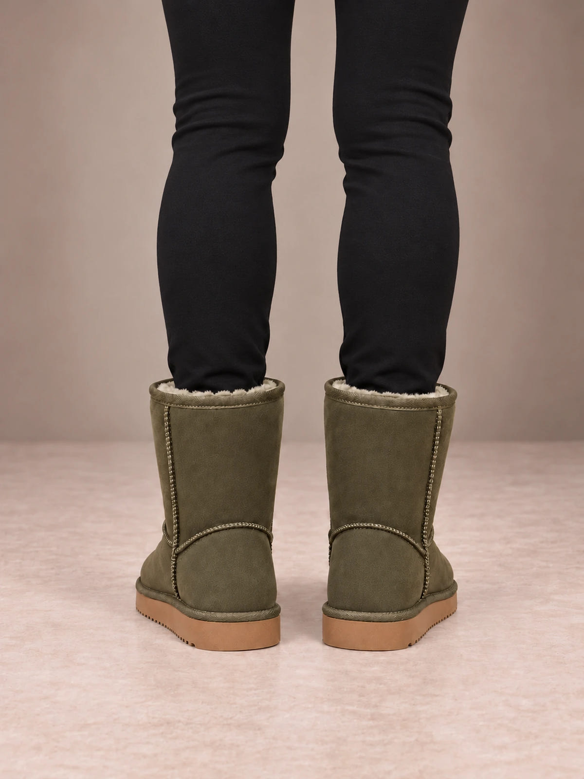 Women's Classic Fleece-Lined Ankle Boots – Faux Suede Short Boots in Olive, back view