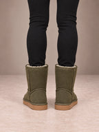 Women's Classic Fleece-Lined Ankle Boots – Faux Suede Short Boots in Olive, back view