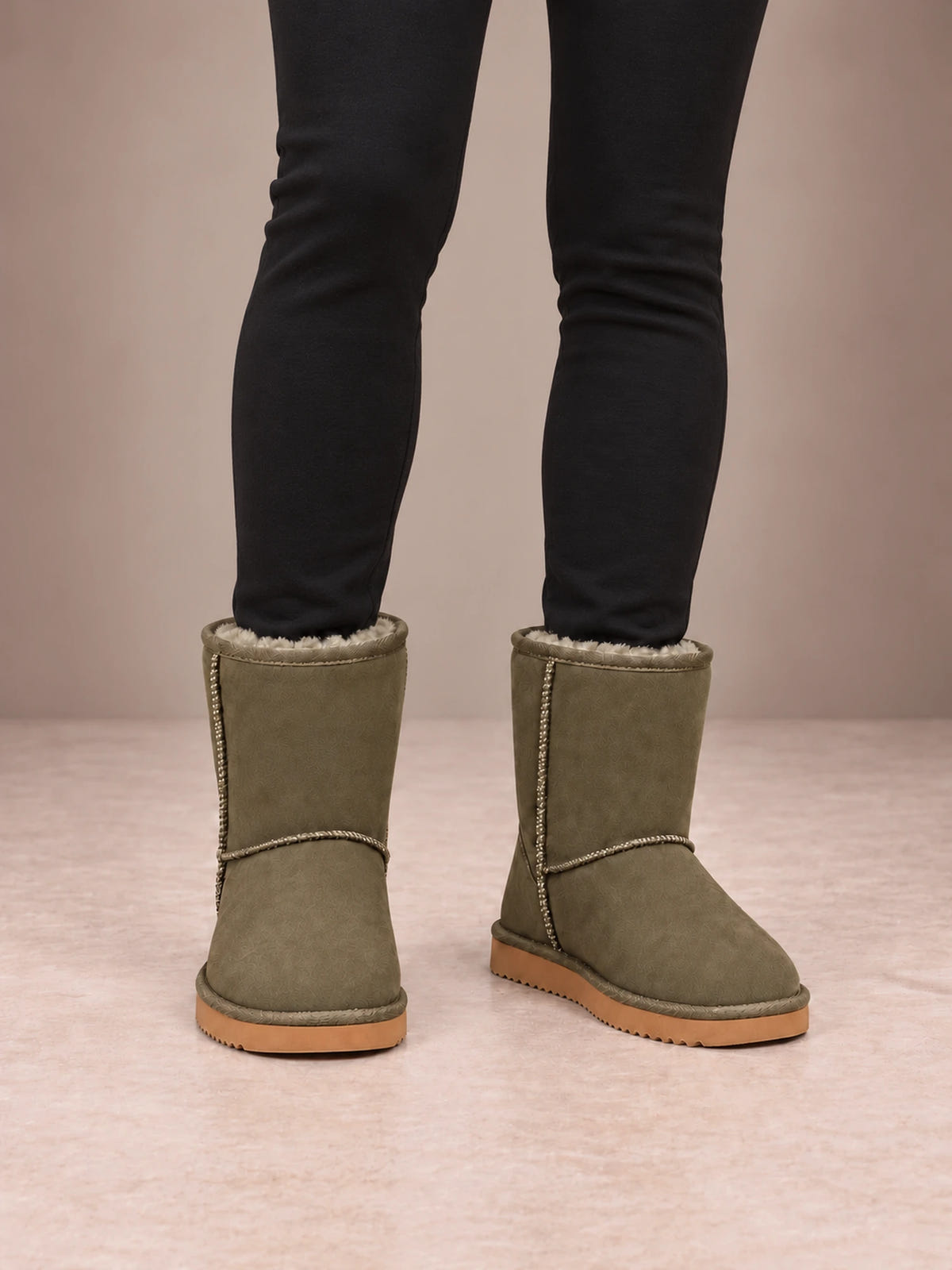 Women's Classic Fleece-Lined Ankle Boots – Faux Suede Short Boots in Olive, front view