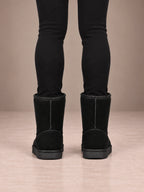 Women's Classic Fleece-Lined Ankle Boots – Faux Suede Short Boots in Black, back view