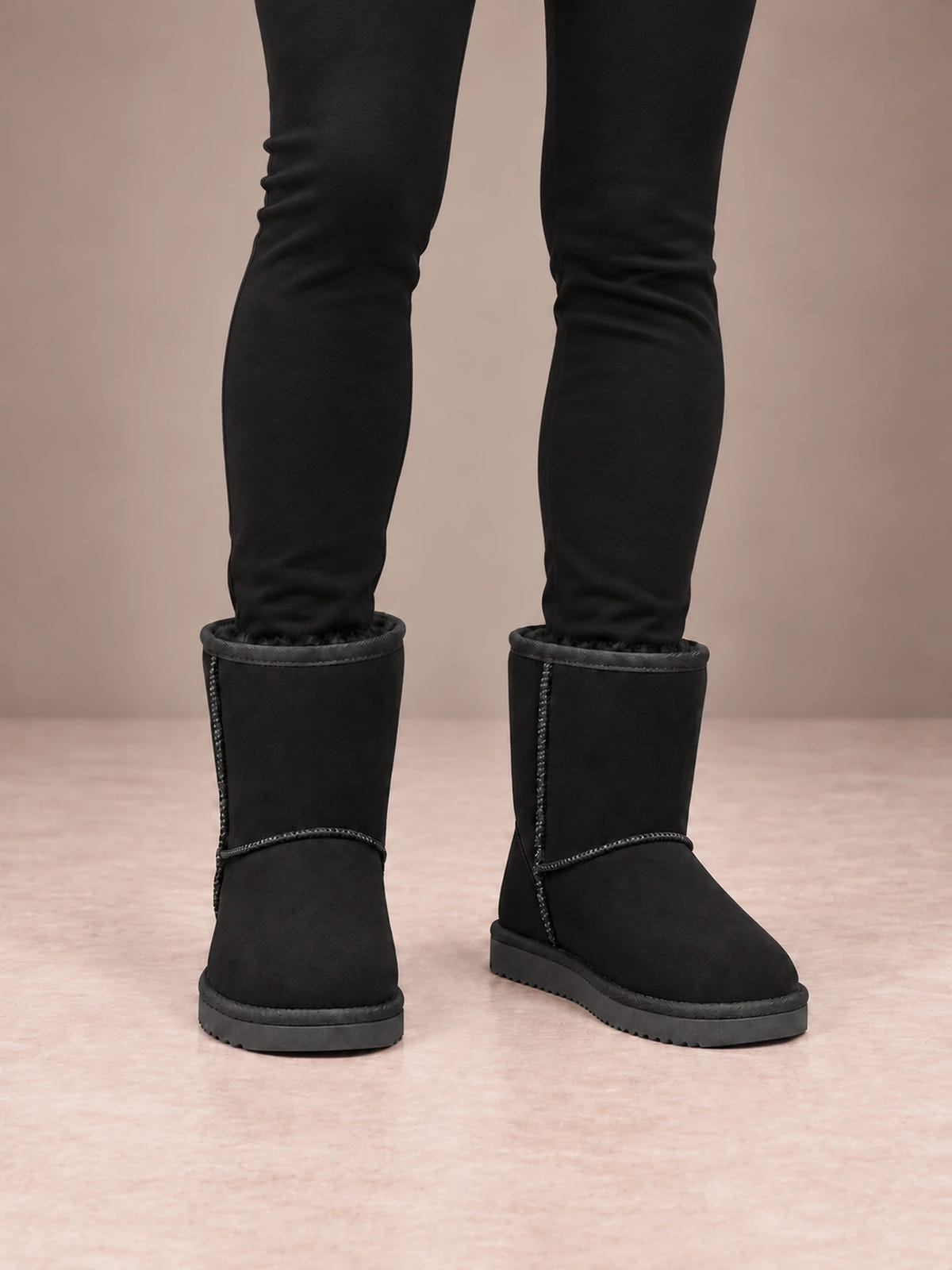 Women's Classic Fleece-Lined Ankle Boots – Faux Suede Short Boots in Black, front view
