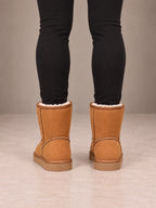 Women's Classic Fleece-Lined Ankle Boots – Faux Suede Short Boots in Chestnut, back view