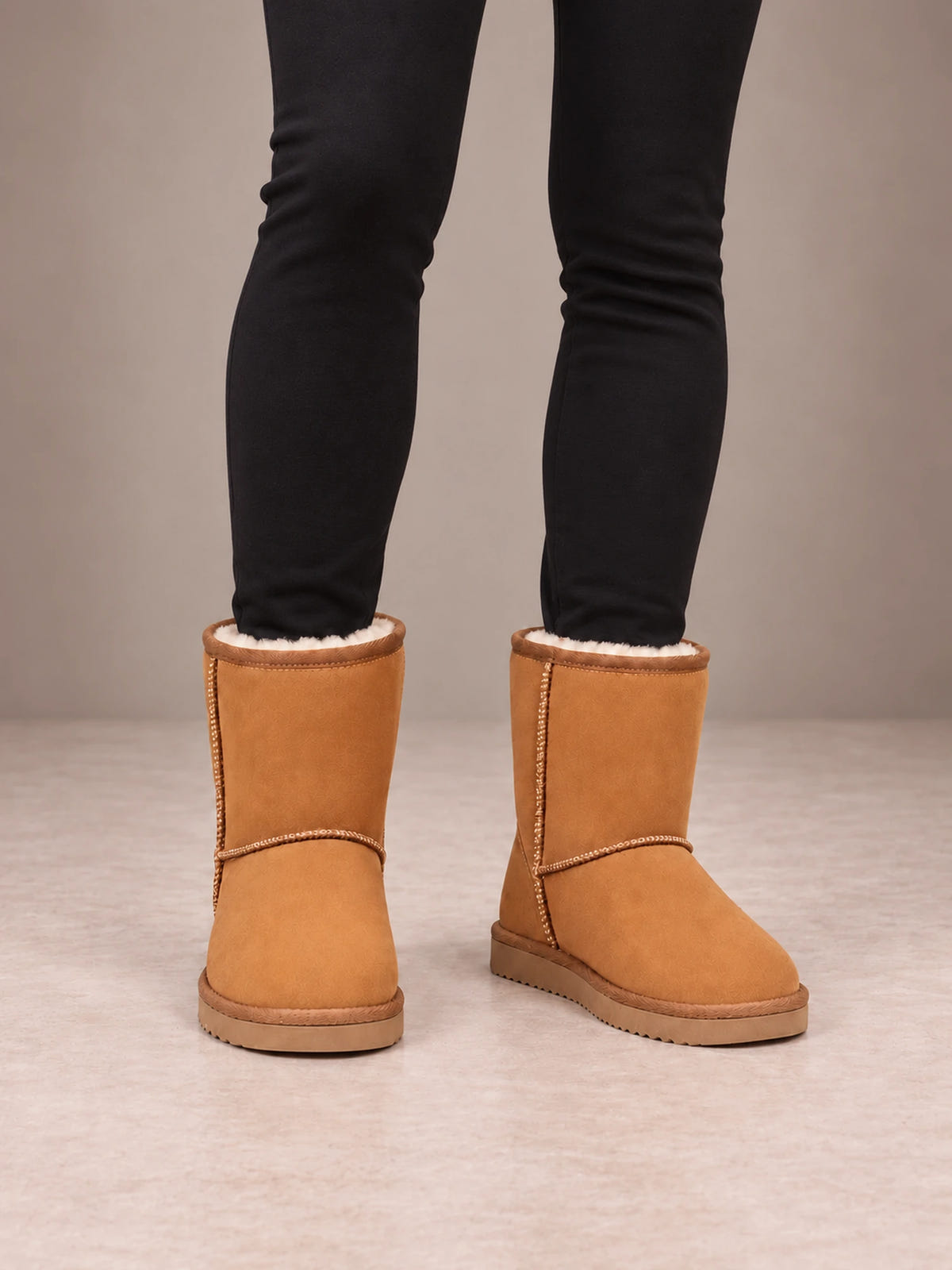 Women's Classic Fleece-Lined Ankle Boots – Faux Suede Short Boots in Chestnut, front view