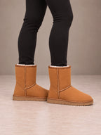 Women's Classic Fleece-Lined Ankle Boots – Faux Suede Short Boots in Chestnut, side view
