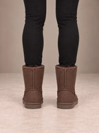 Women's Classic Fleece-Lined Ankle Boots – Faux Suede Short Boots in Chocolate, back view