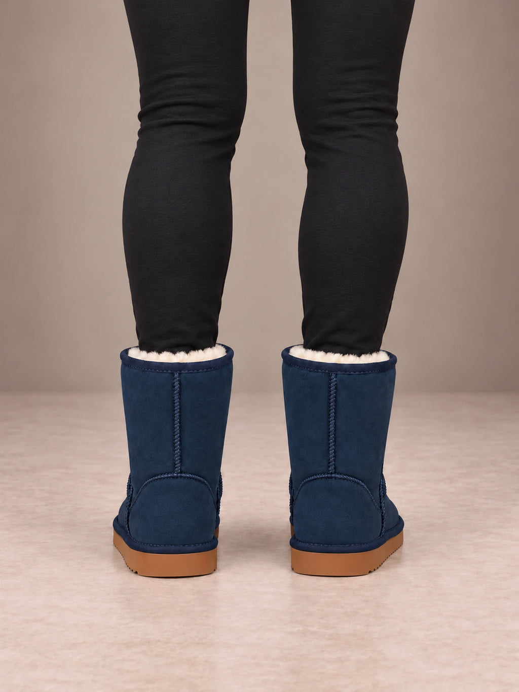 Women's Classic Fleece-Lined Ankle Boots – Faux Suede Short Boots in Navy, back view