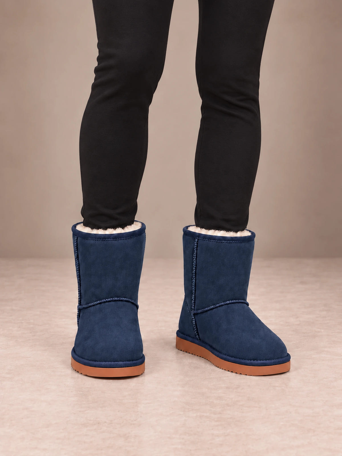 Women's Classic Fleece-Lined Ankle Boots – Faux Suede Short Boots in Navy, front view