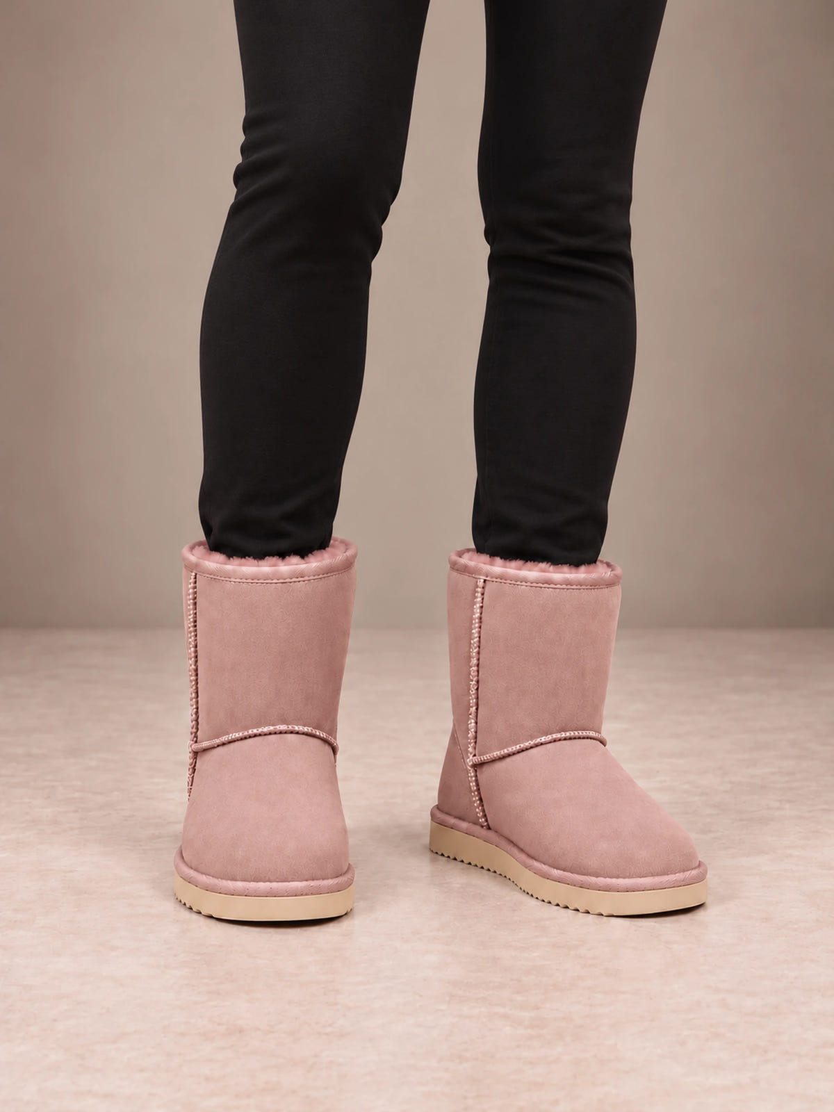 Women's Classic Fleece-Lined Ankle Boots – Faux Suede Short Boots in Dusty Pink, front view